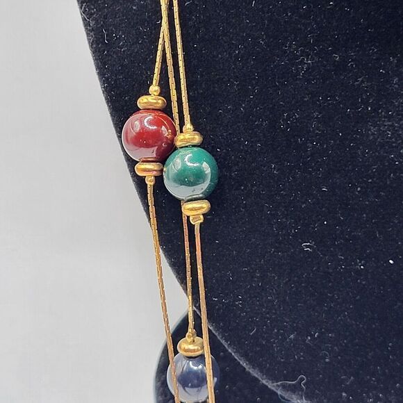 Bohemian Gold Snake Chain Navy Blue, Dark Red, Green Beads Triple Strand 29in - Picture 1 of 3